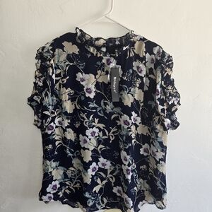 NWT Allegra K Blouse Womens Size 1X Navy Floral Ruffle Romantic